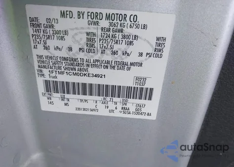 2013 Ford F-150 Xlt from USA, damaged, VIN 1FTMF1CM0DKE34921